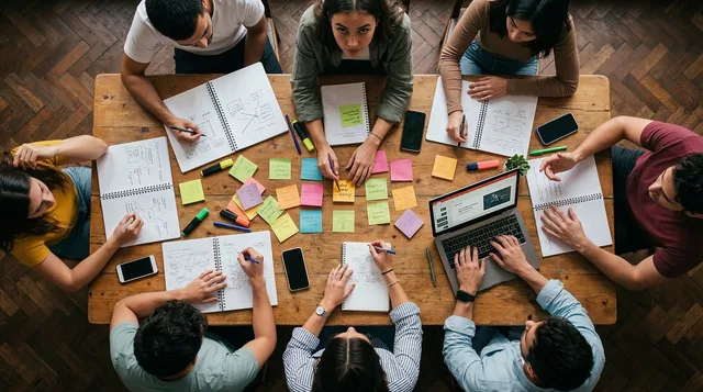 eam, workshop, office, collaboration, sticky notes, planning, strategy, brainstorming, table, overhead, people, working, laptop, notebooks, creativity, business, meeting, together, analysis, group, ai generated. Eight supporting costs for a creator discovery workflow